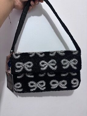 T.J.Maxx Black Beaded Shoulder Bag with Silver Bows